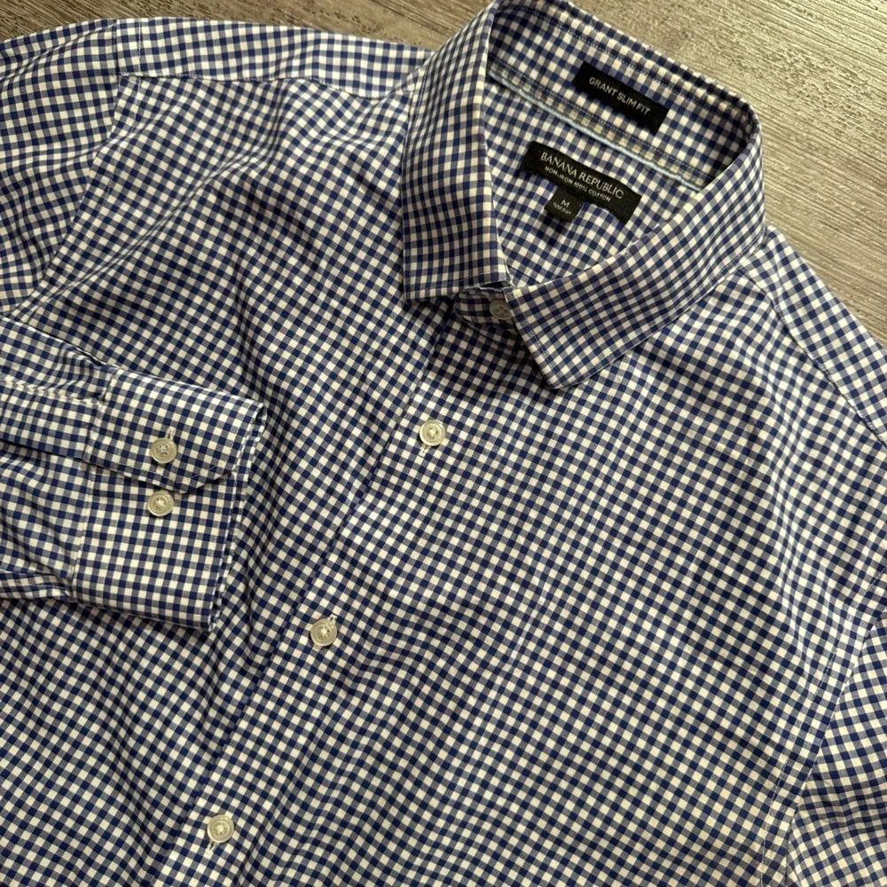 Banana Republic Shirt Mens M Blue Cotton Grant Slim Fit Gingham Preppy Casual